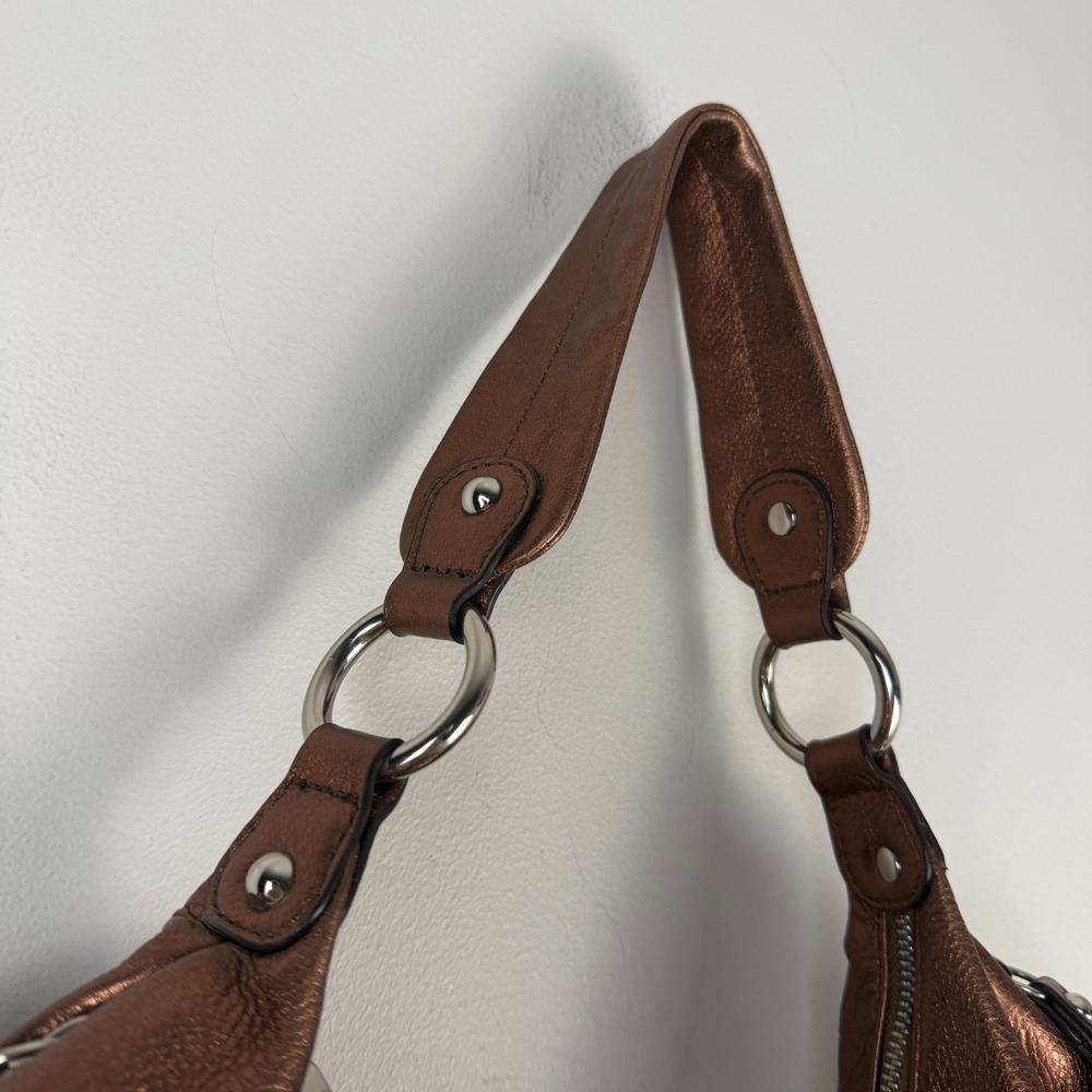B. Makowsky Hobo Bag Women Metallic Bronze Leather Studded Fringe Shoulder Strap - Picture 8 of 16